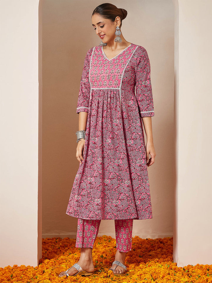 Janasya Women's Pink Pure Cotton Floral Printed A-line Kurta Set - qivii
