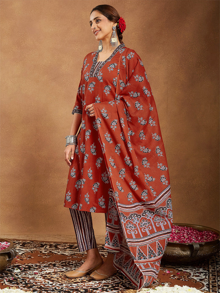 Janasya Women's Rust Pure Cotton Floral Printed Straight Kurta Set - qivii