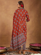 Janasya Women's Rust Pure Cotton Floral Printed Straight Kurta Set