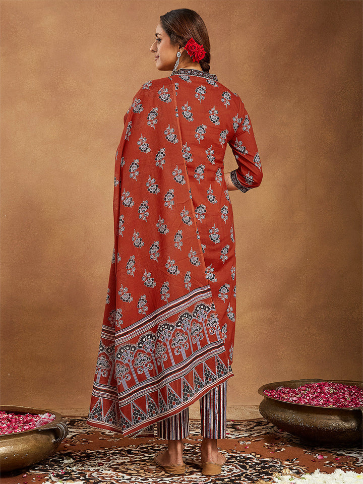 Janasya Women's Rust Pure Cotton Floral Printed Straight Kurta Set - qivii