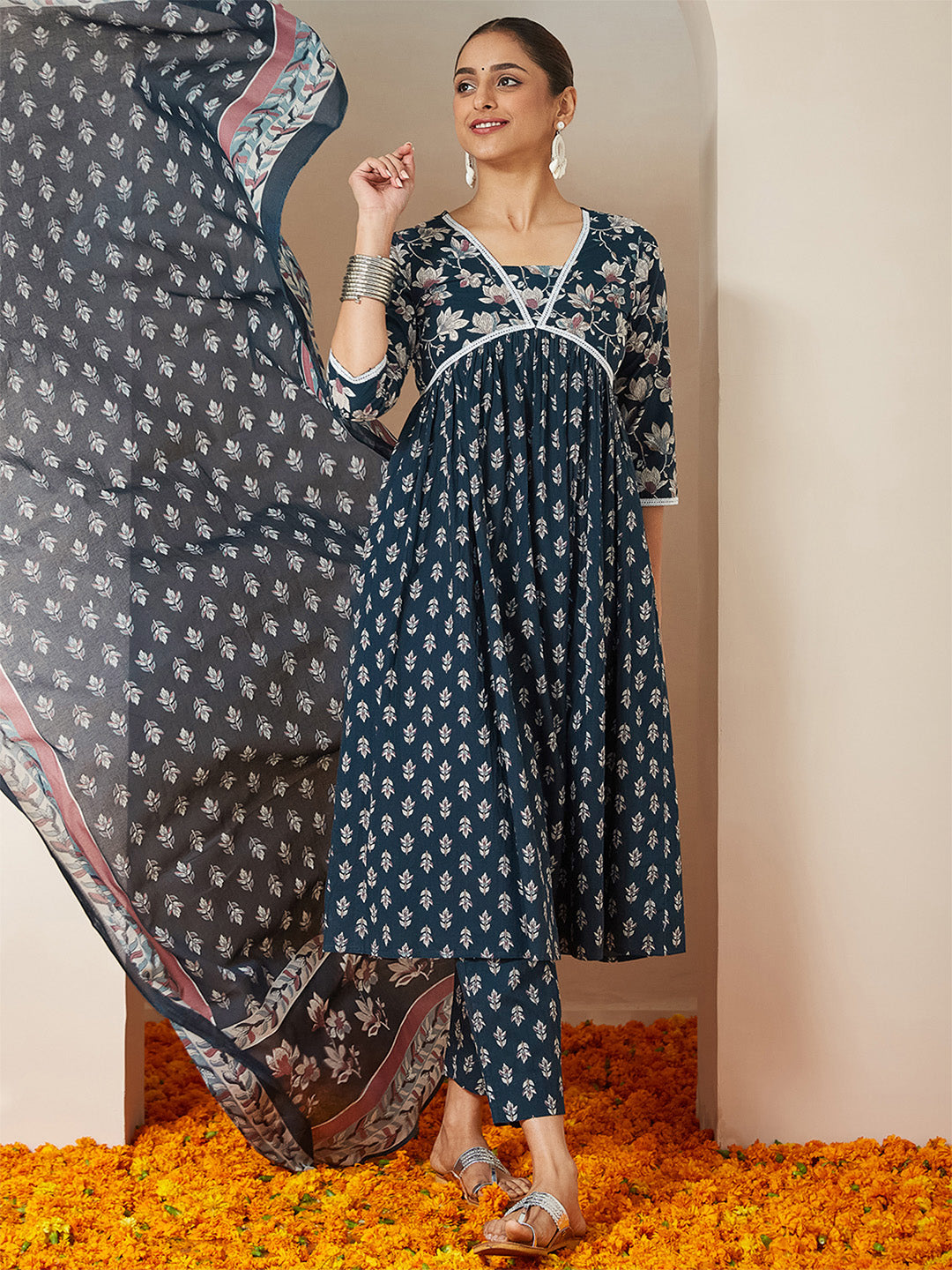 Janasya Women's Teal Blue Pure Cotton Floral Printed A-line Kurta Set - qivii