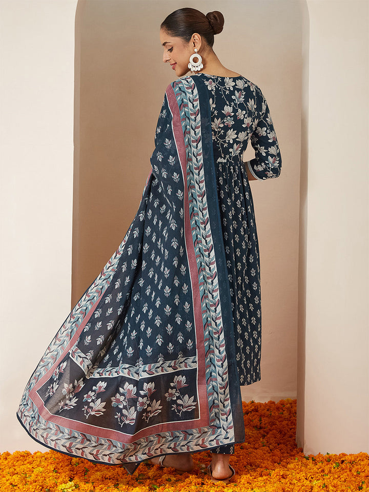 Janasya Women's Teal Blue Pure Cotton Floral Printed A-line Kurta Set - qivii