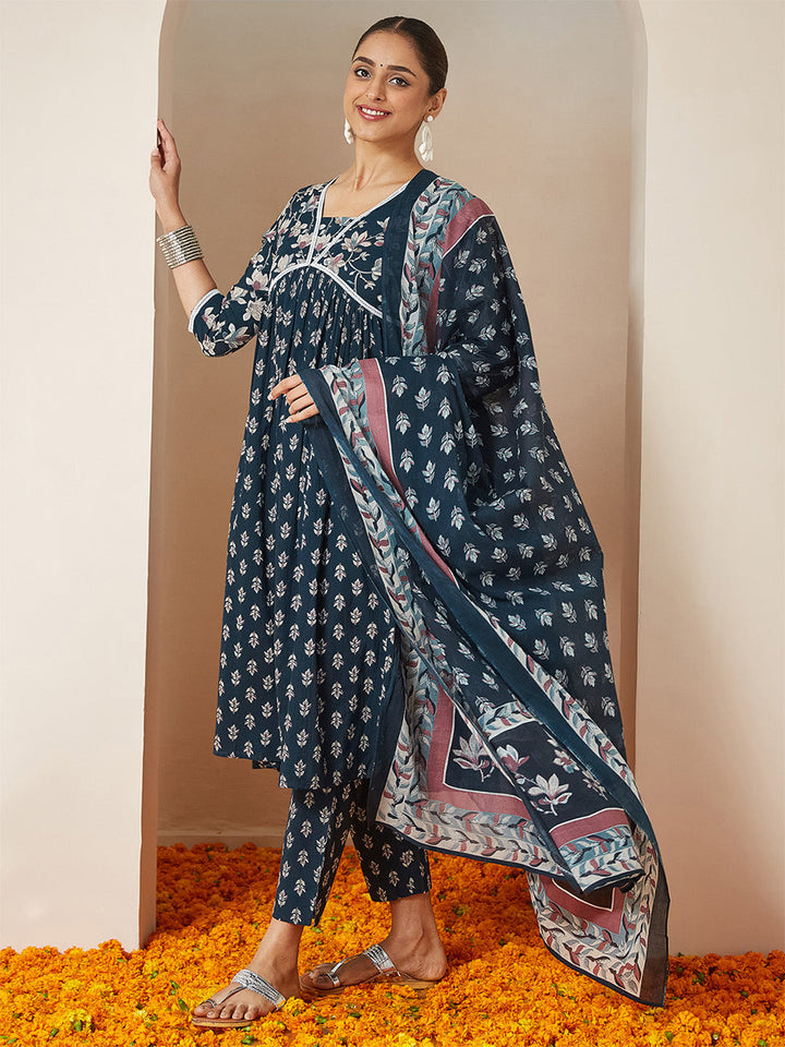 Janasya Women's Teal Blue Pure Cotton Floral Printed A-line Kurta Set - qivii