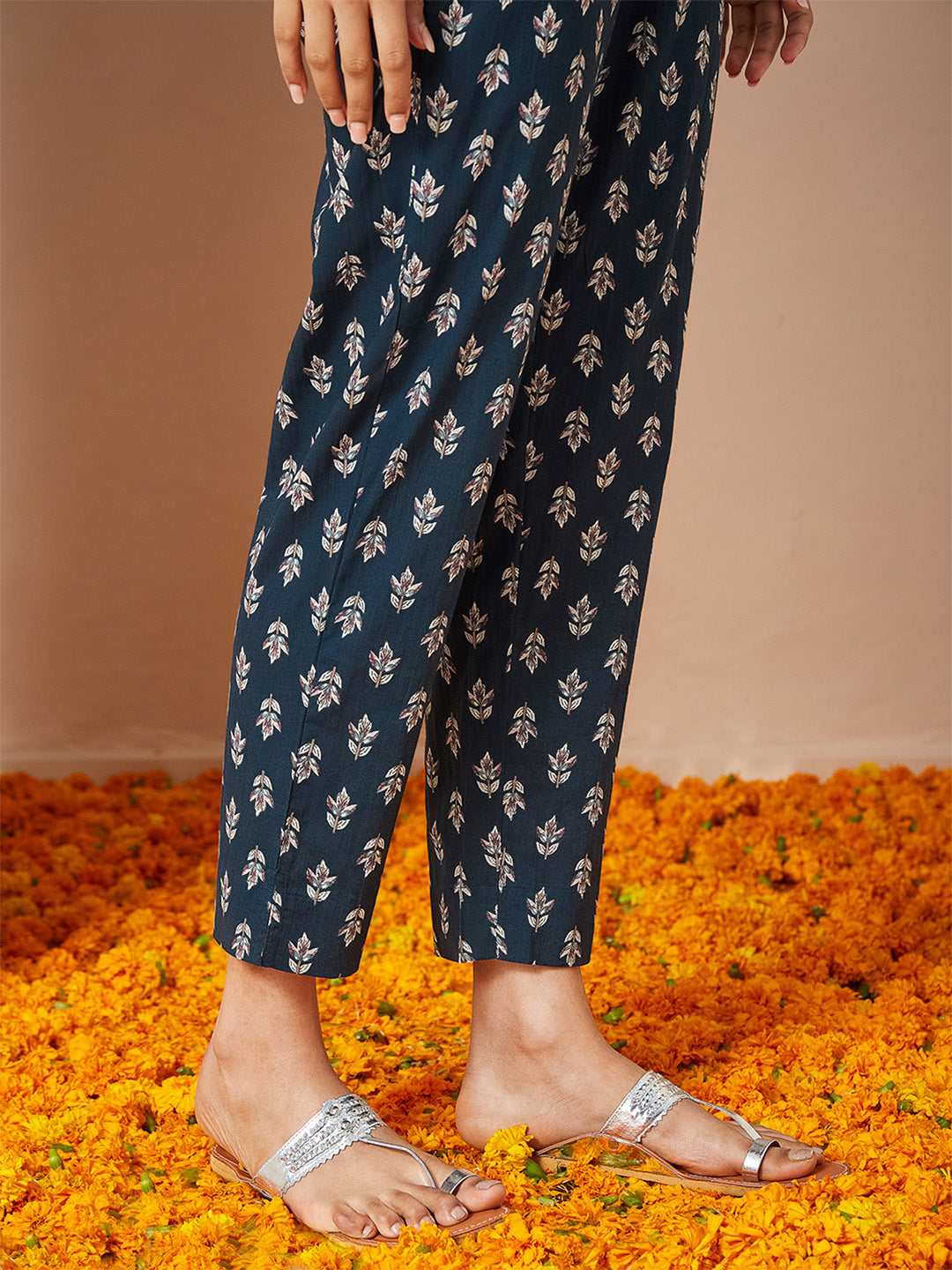 Janasya Women's Teal Blue Pure Cotton Floral Printed A-line Kurta Set - qivii