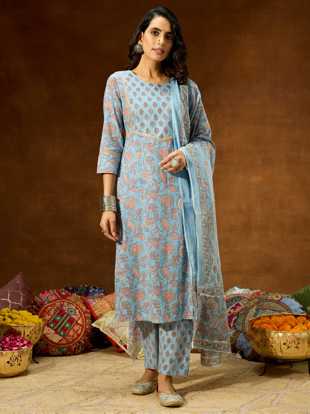 Janasya Women's Light Blue Pure Cotton Floral Printed Straight Kurta Set - qivii