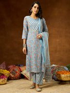 Janasya Women's Light Blue Pure Cotton Floral Printed Straight Kurta Set