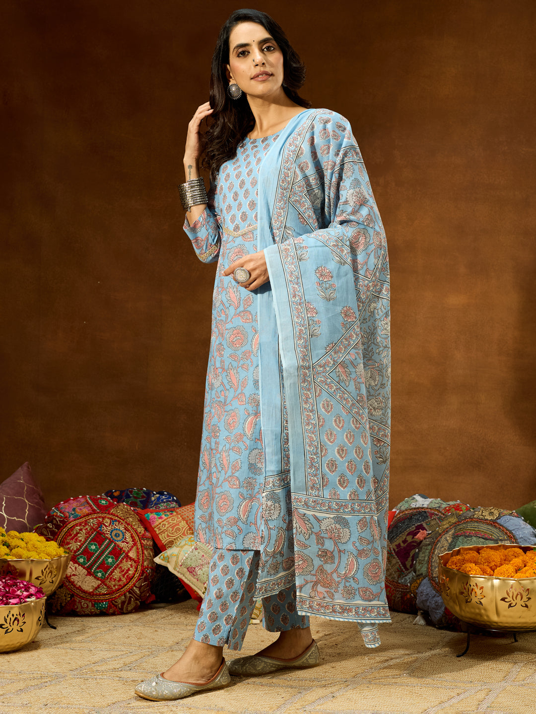 Janasya Women's Light Blue Pure Cotton Floral Printed Straight Kurta Set