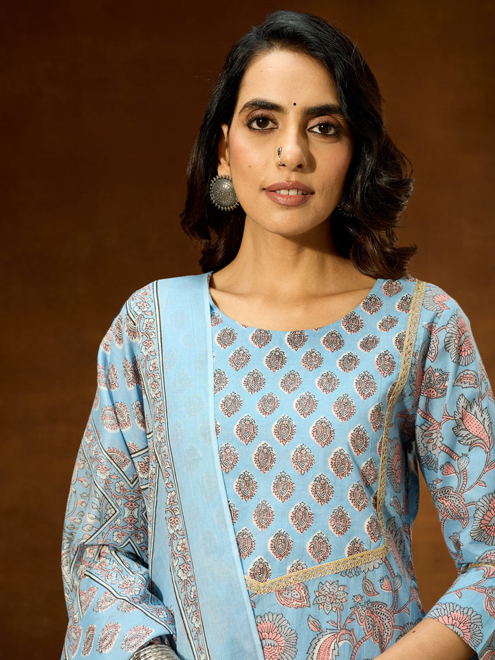 Janasya Women's Light Blue Pure Cotton Floral Printed Straight Kurta Set - qivii