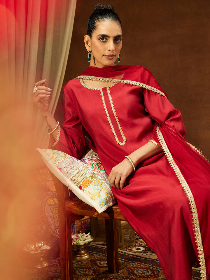 Janasya Women's Maroon Chanderi Silk Yoke Design Straight Kurta Set - qivii