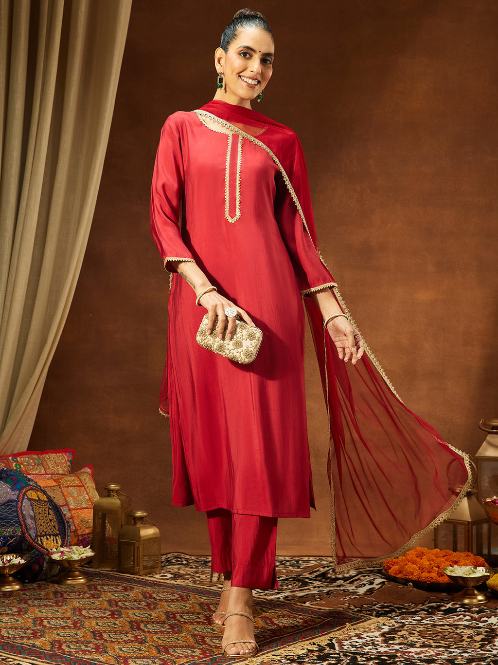 Janasya Women's Maroon Chanderi Silk Yoke Design Straight Kurta Set