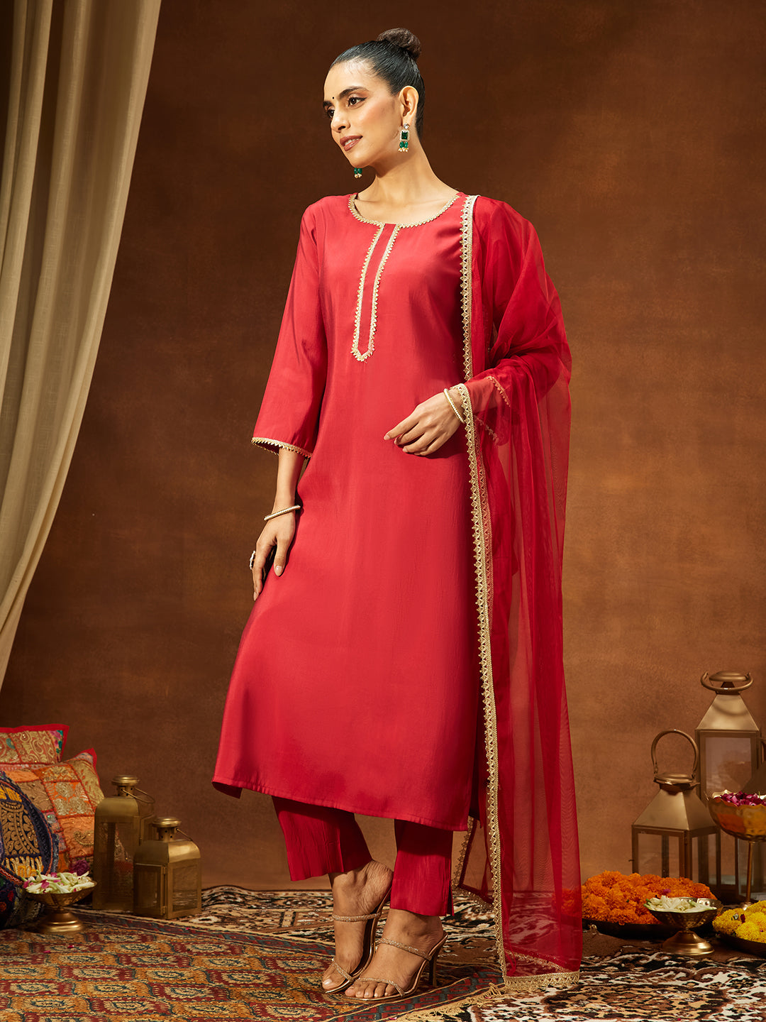 Janasya Women's Maroon Chanderi Silk Yoke Design Straight Kurta Set - qivii