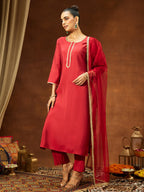 Janasya Women's Maroon Chanderi Silk Yoke Design Straight Kurta Set