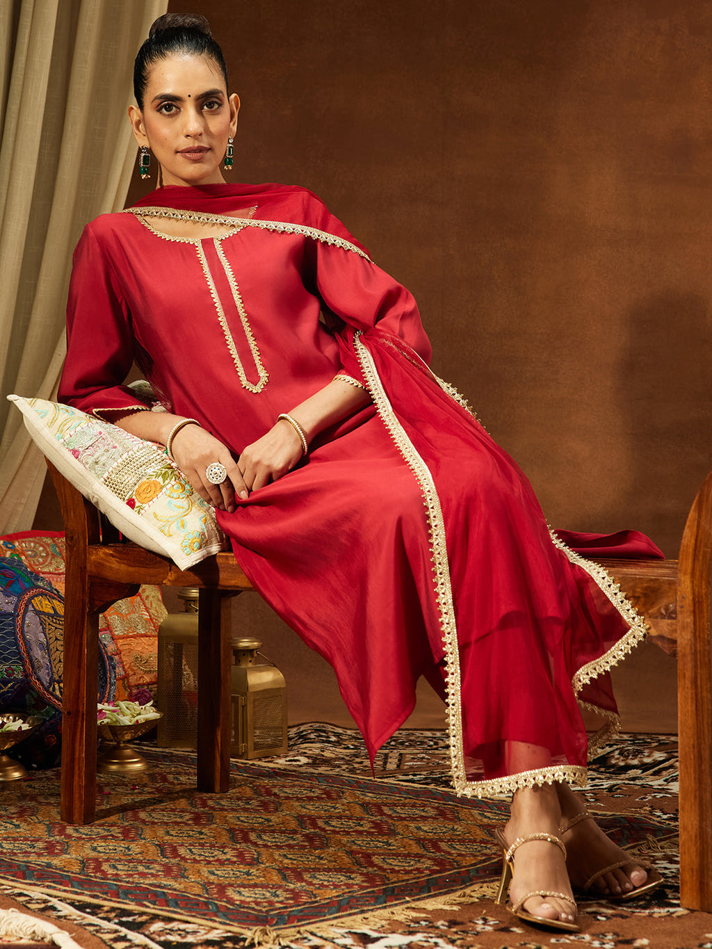 Janasya Women's Maroon Chanderi Silk Yoke Design Straight Kurta Set