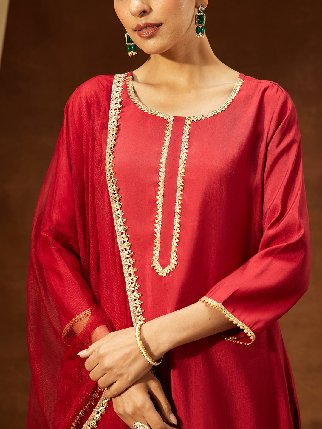 Janasya Women's Maroon Chanderi Silk Yoke Design Straight Kurta Set