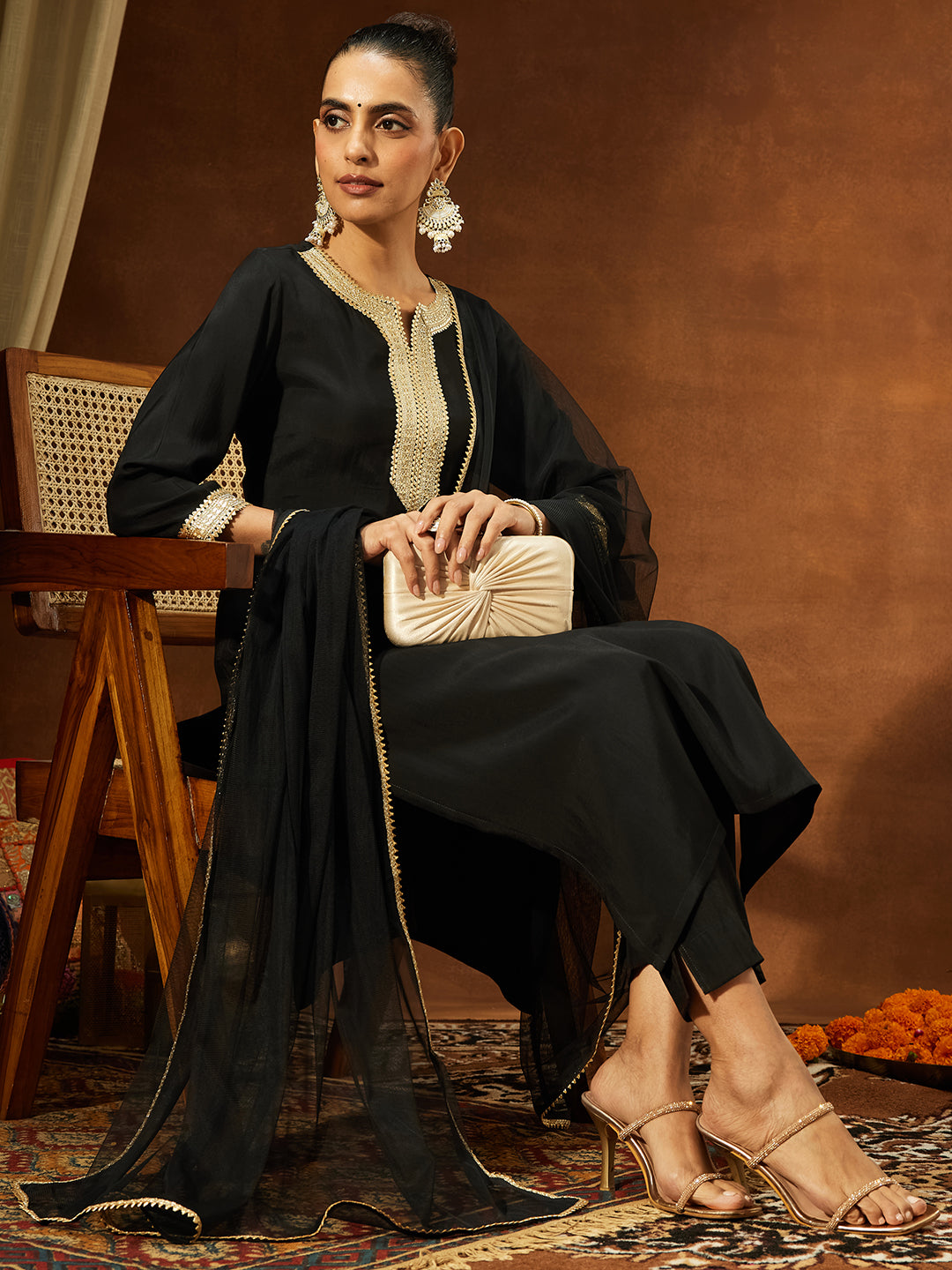 Janasya Women's Black Chanderi Silk Yoke Design Straight Kurta Set