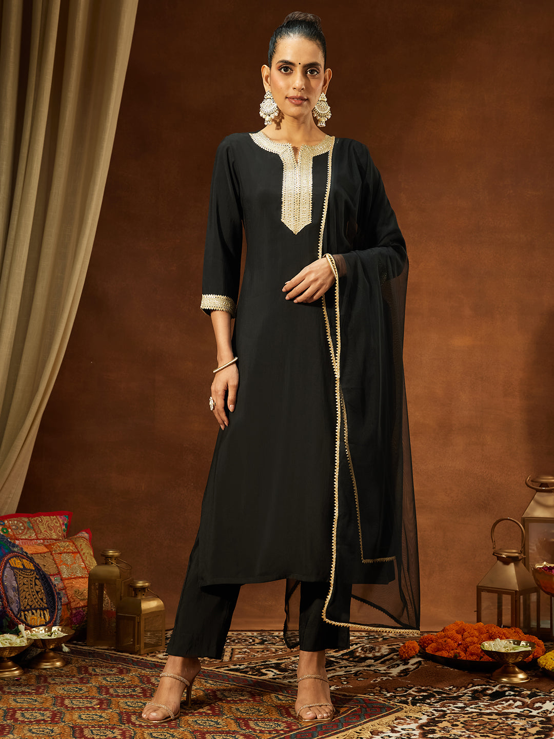 Janasya Women's Black Chanderi Silk Yoke Design Straight Kurta Set