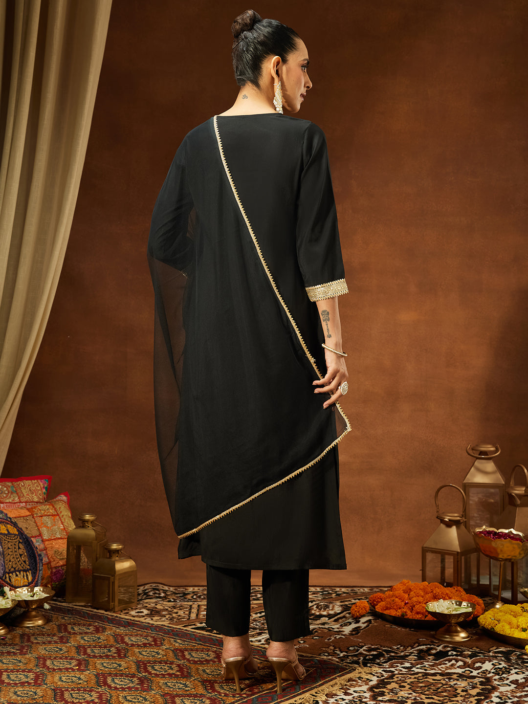 Janasya Women's Black Chanderi Silk Yoke Design Straight Kurta Set