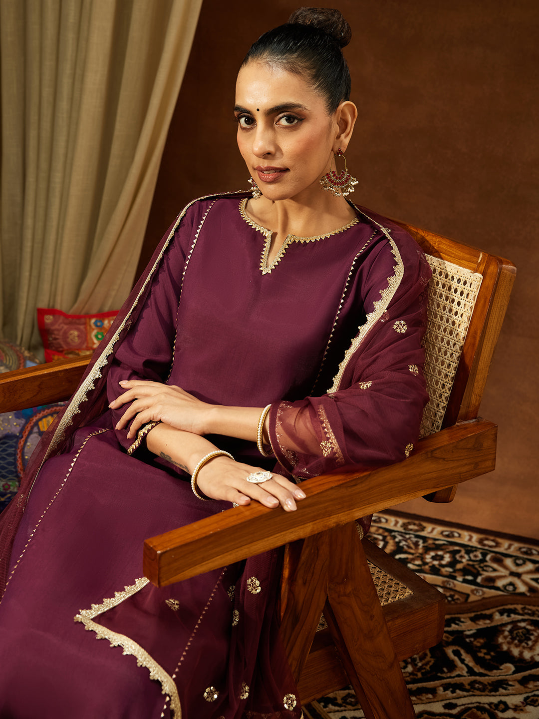 Janasya Women's Wine Chanderi Silk Embellished Straight Kurta Set - qivii