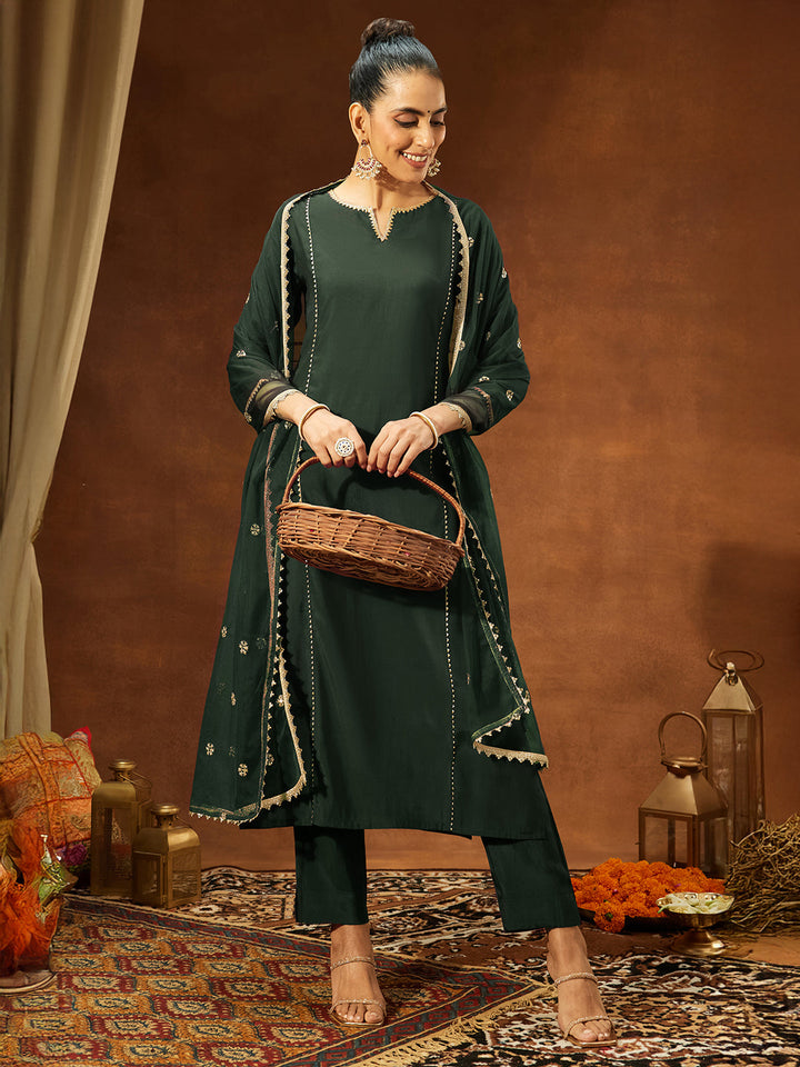 Janasya Women's Bottle Green Chanderi Silk Embellished Straight Kurta Set