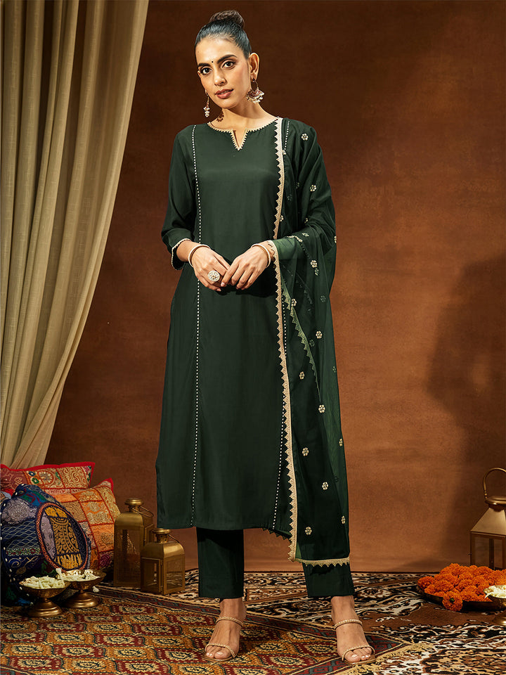 Janasya Women's Bottle Green Chanderi Silk Embellished Straight Kurta Set