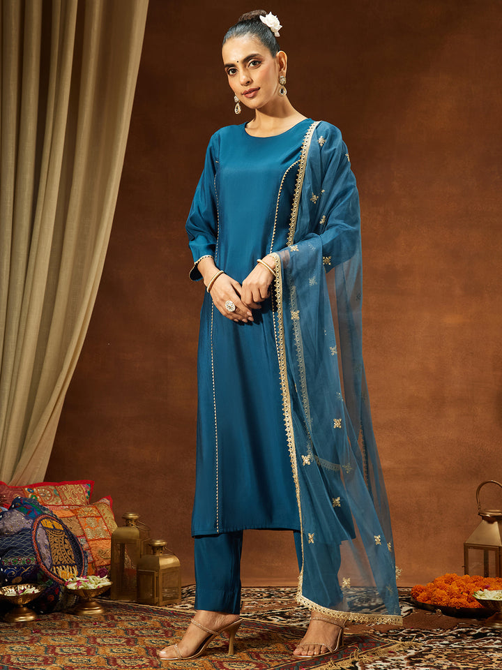 Janasya Women's Teal Blue Chanderi Silk Embelished Straight Kurta Set - qivii