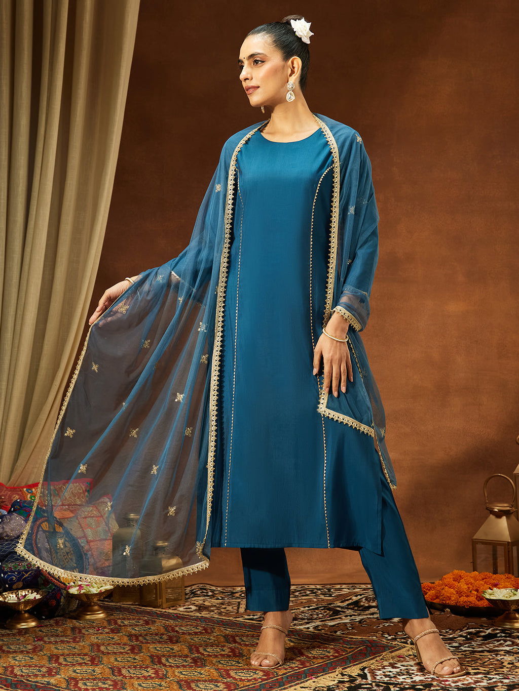 Janasya Women's Teal Blue Chanderi Silk Embelished Straight Kurta Set