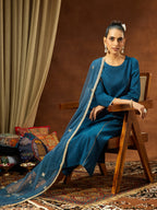 Janasya Women's Teal Blue Chanderi Silk Embelished Straight Kurta Set
