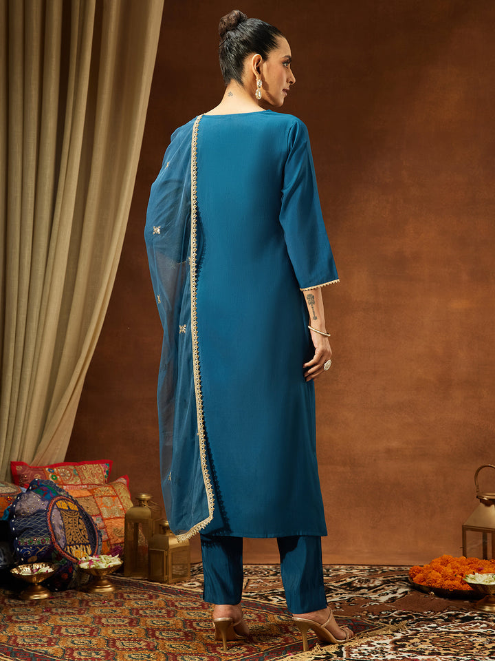 Janasya Women's Teal Blue Chanderi Silk Embelished Straight Kurta Set - qivii