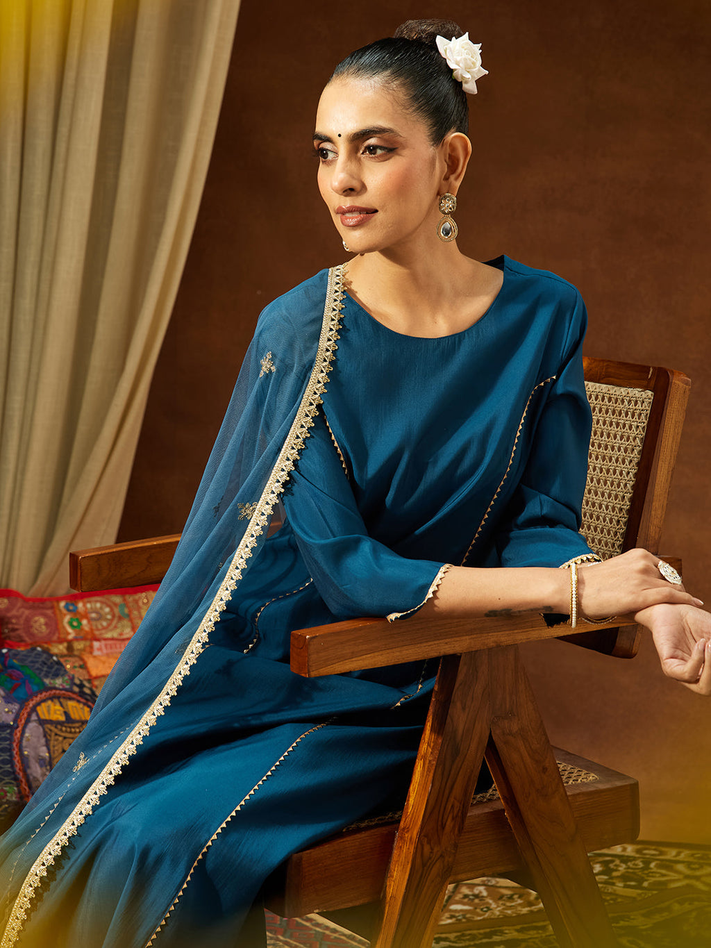 Janasya Women's Teal Blue Chanderi Silk Embelished Straight Kurta Set