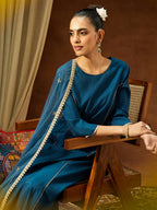 Janasya Women's Teal Blue Chanderi Silk Embelished Straight Kurta Set