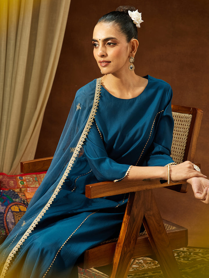 Janasya Women's Teal Blue Chanderi Silk Embelished Straight Kurta Set - qivii
