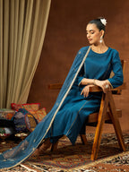 Janasya Women's Teal Blue Chanderi Silk Embelished Straight Kurta Set