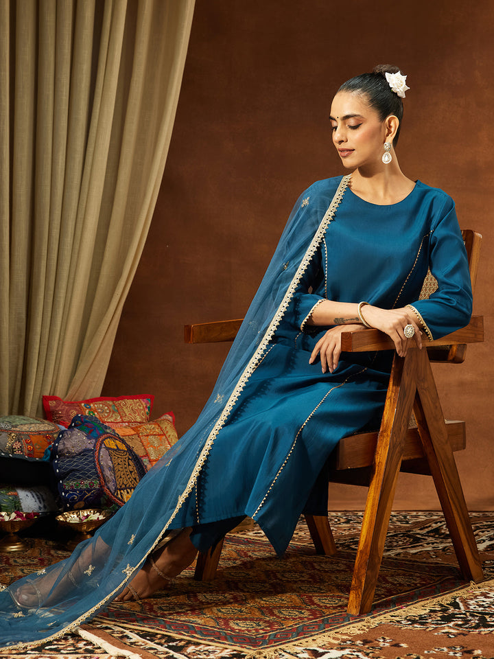 Janasya Women's Teal Blue Chanderi Silk Embelished Straight Kurta Set - qivii