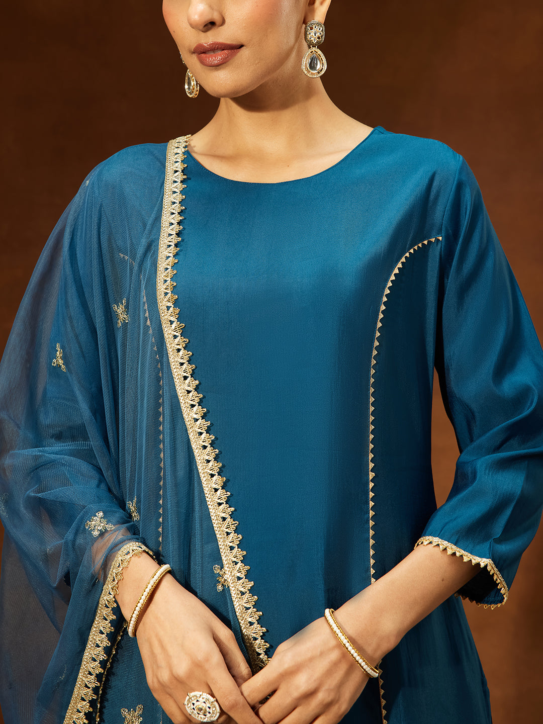 Janasya Women's Teal Blue Chanderi Silk Embelished Straight Kurta Set - qivii