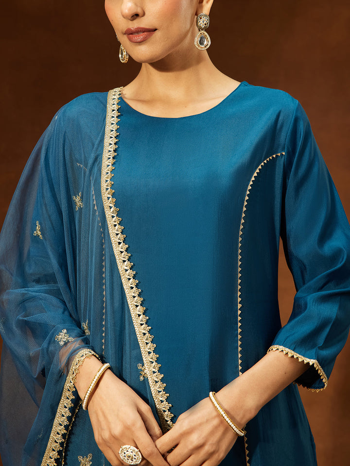 Janasya Women's Teal Blue Chanderi Silk Embelished Straight Kurta Set - qivii