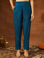 Janasya Women's Teal Blue Chanderi Silk Embelished Straight Kurta Set