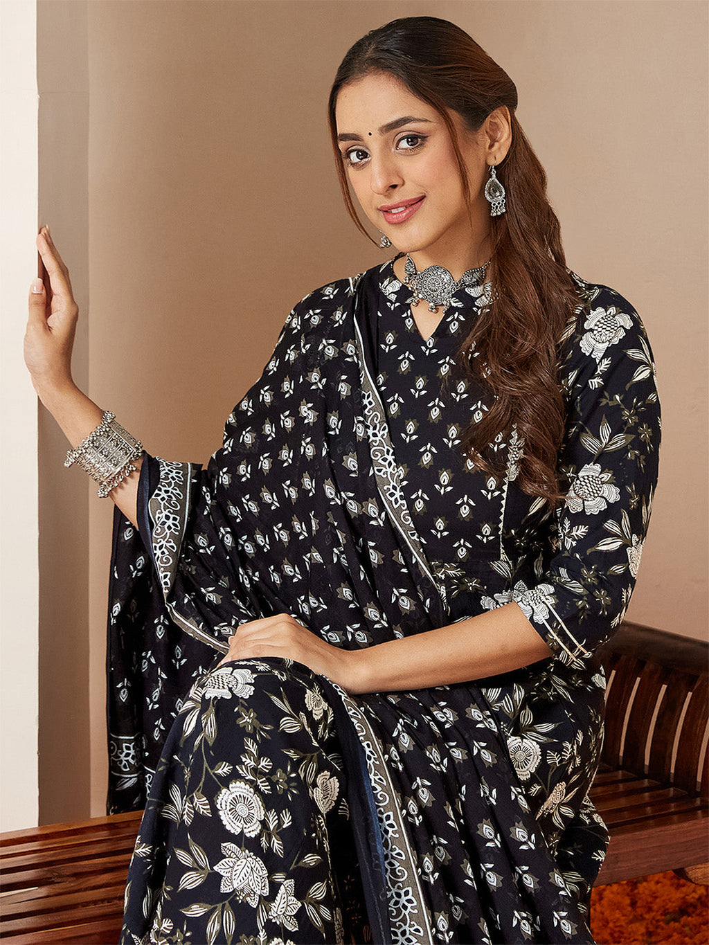 Janasya Women's Black Pure Cotton Floral Printed Anarkali Kurta Set