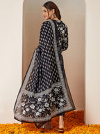 Janasya Women's Black Pure Cotton Floral Printed Anarkali Kurta Set
