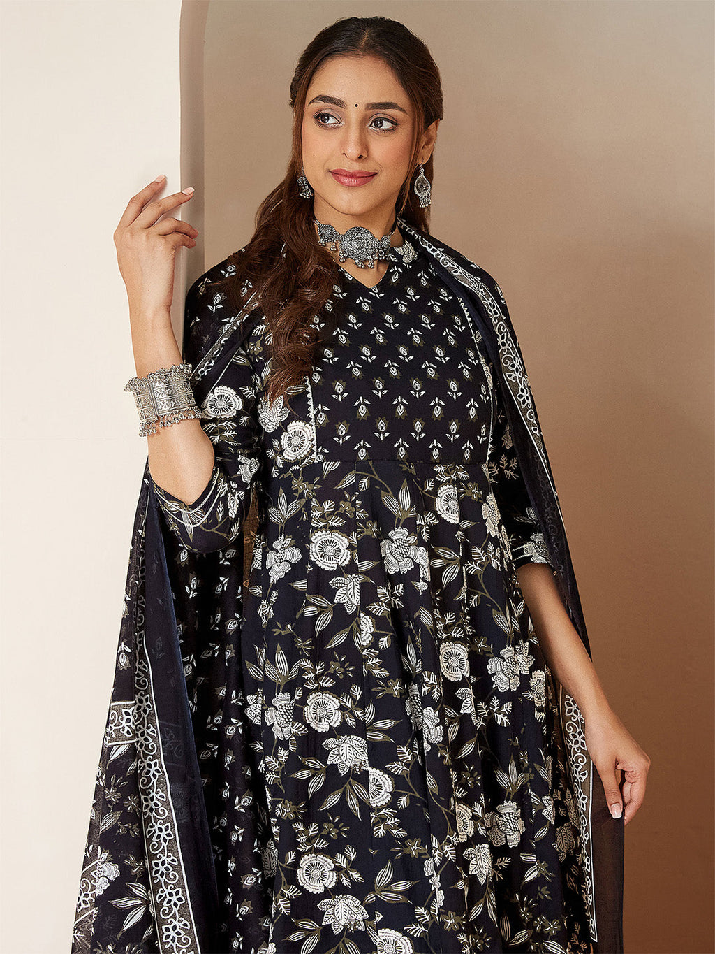 Janasya Women's Black Pure Cotton Floral Printed Anarkali Kurta Set