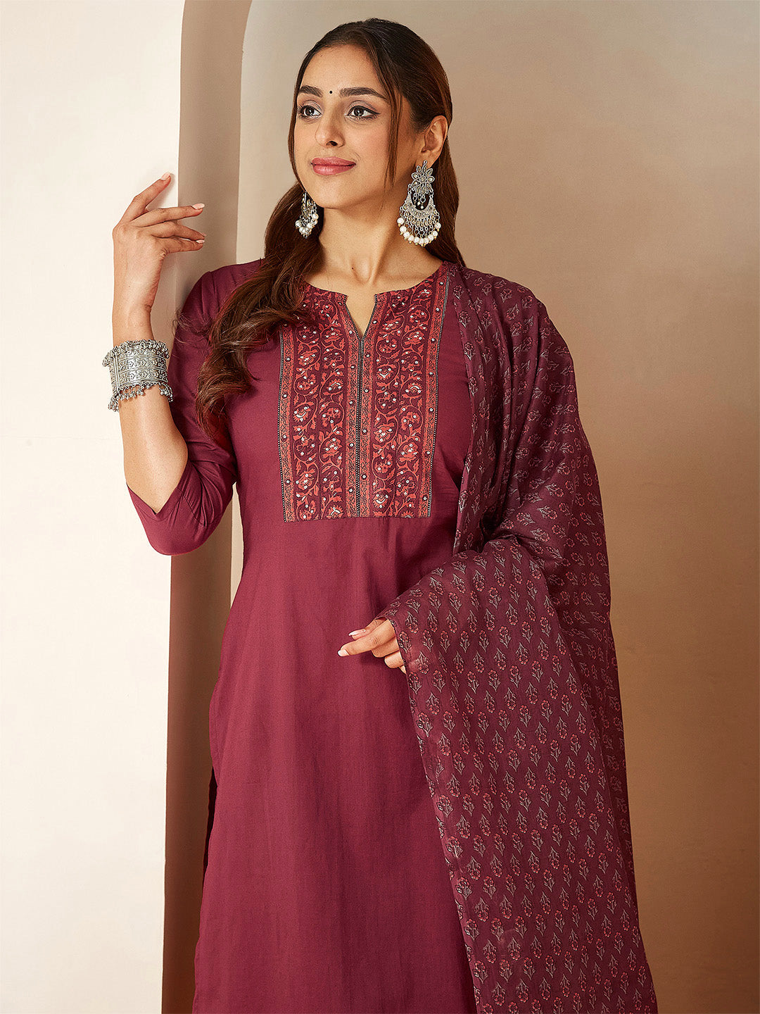 Janasya Women's Burgundy Pure Cotton Embellished Straight Kurta Set