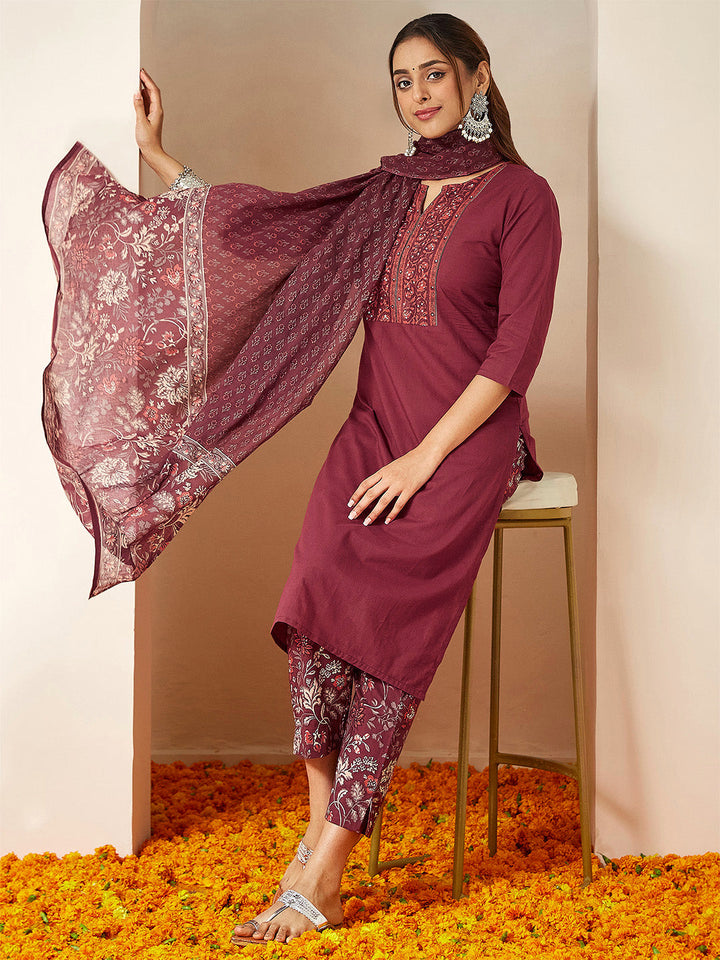 Janasya Women's Burgundy Pure Cotton Embellished Straight Kurta Set - qivii