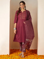 Janasya Women's Burgundy Pure Cotton Embellished Straight Kurta Set