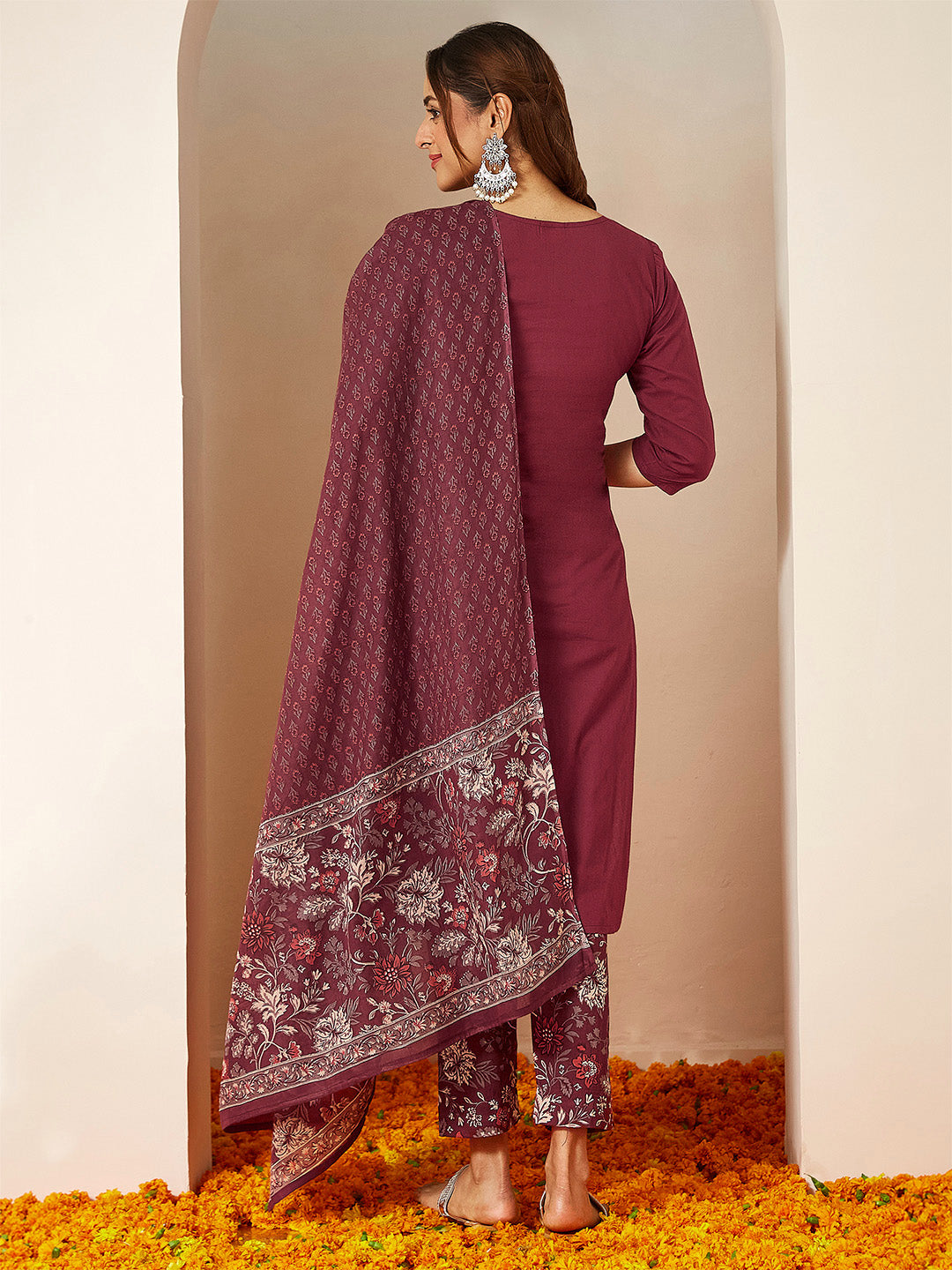 Janasya Women's Burgundy Pure Cotton Embellished Straight Kurta Set - qivii