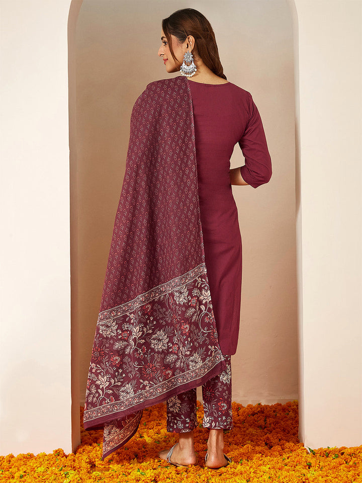 Janasya Women's Burgundy Pure Cotton Embellished Straight Kurta Set - qivii