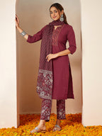 Janasya Women's Burgundy Pure Cotton Embellished Straight Kurta Set