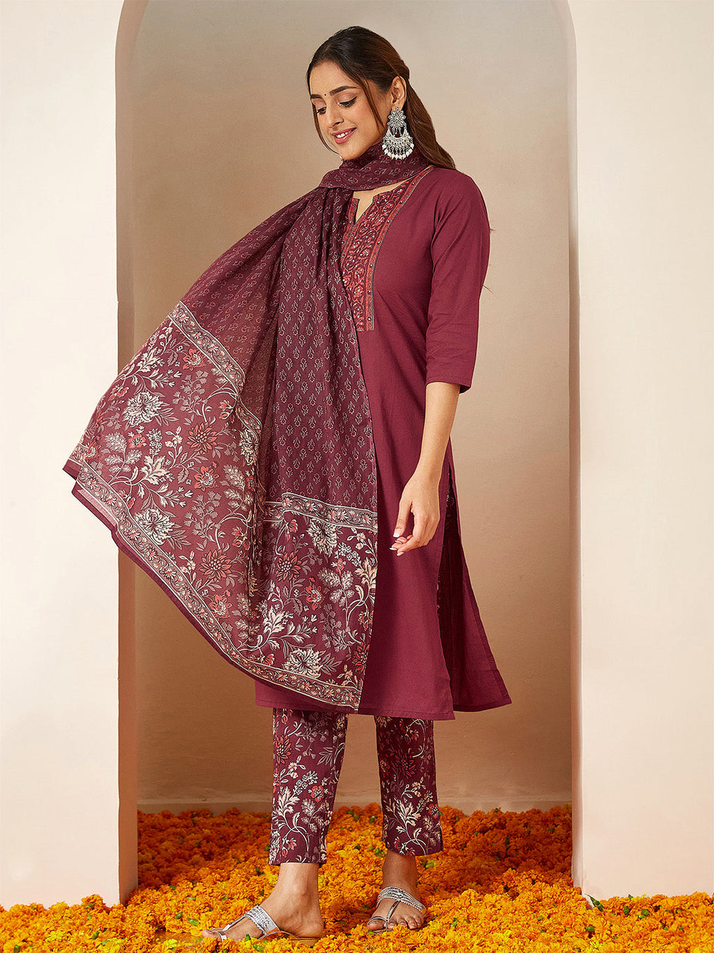 Janasya Women's Burgundy Pure Cotton Embellished Straight Kurta Set