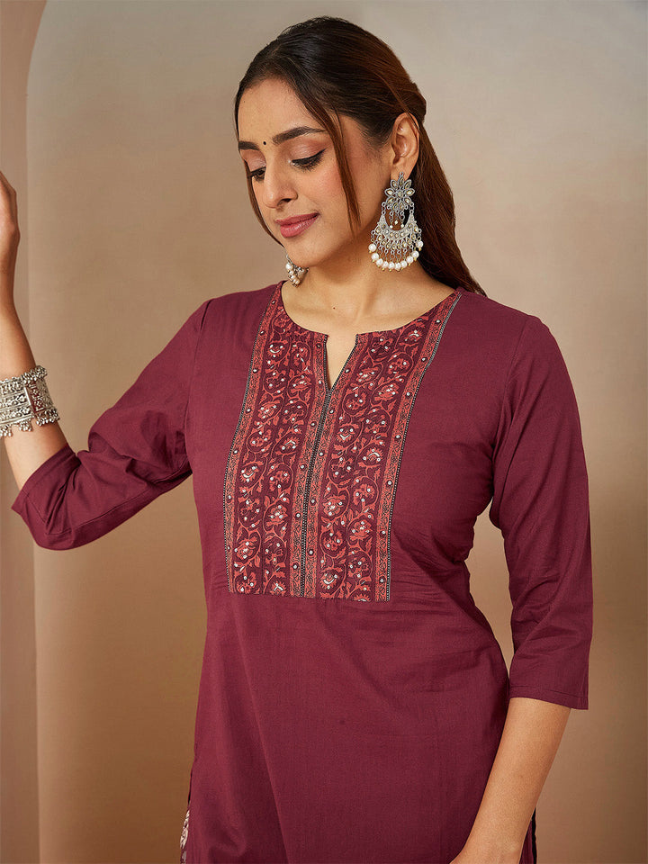 Janasya Women's Burgundy Pure Cotton Embellished Straight Kurta Set - qivii