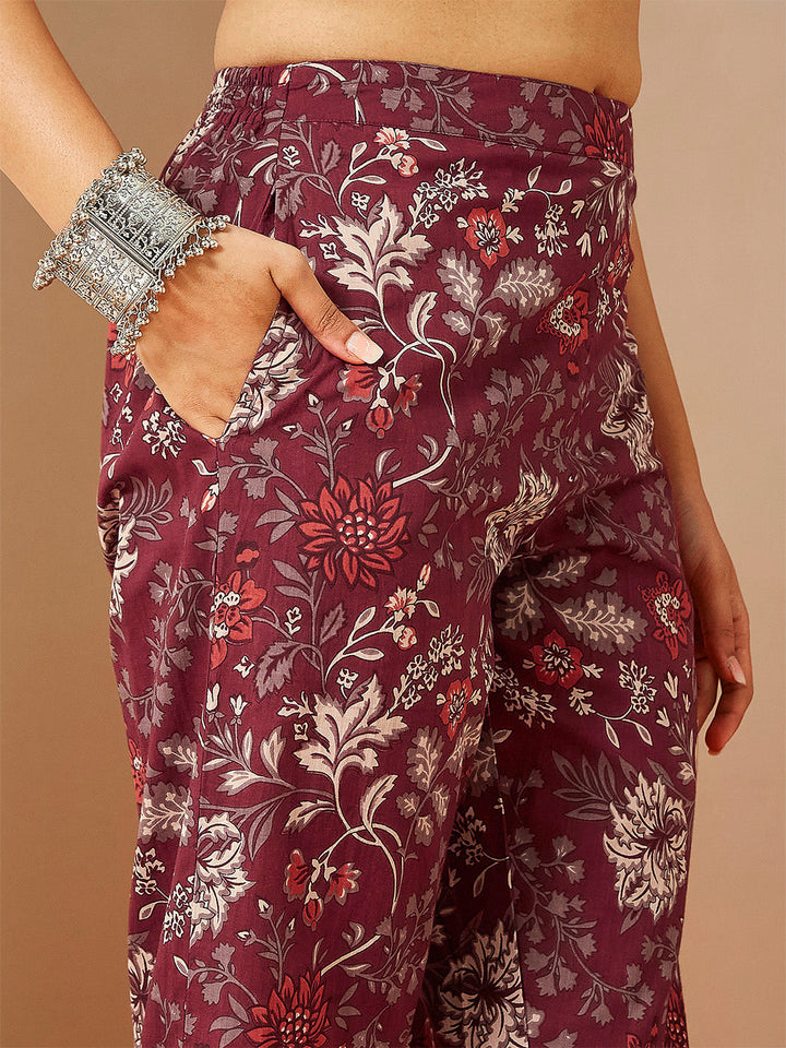 Janasya Women's Burgundy Pure Cotton Embellished Straight Kurta Set - qivii