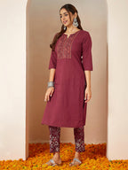 Janasya Women's Burgundy Pure Cotton Embellished Straight Kurta Set