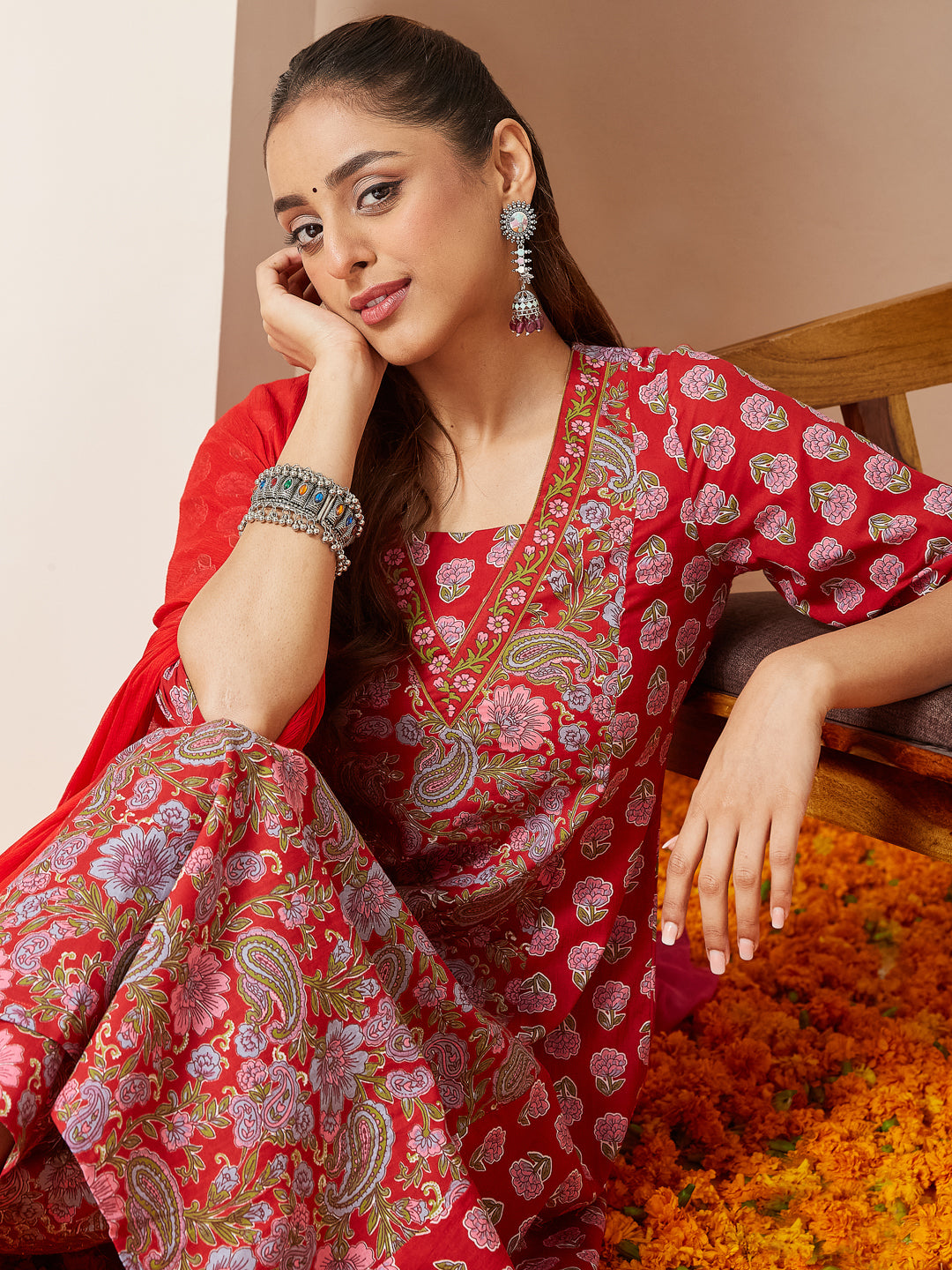 Janasya Women's Red Pure Cotton Floral Printed A-line Kurta Set - qivii